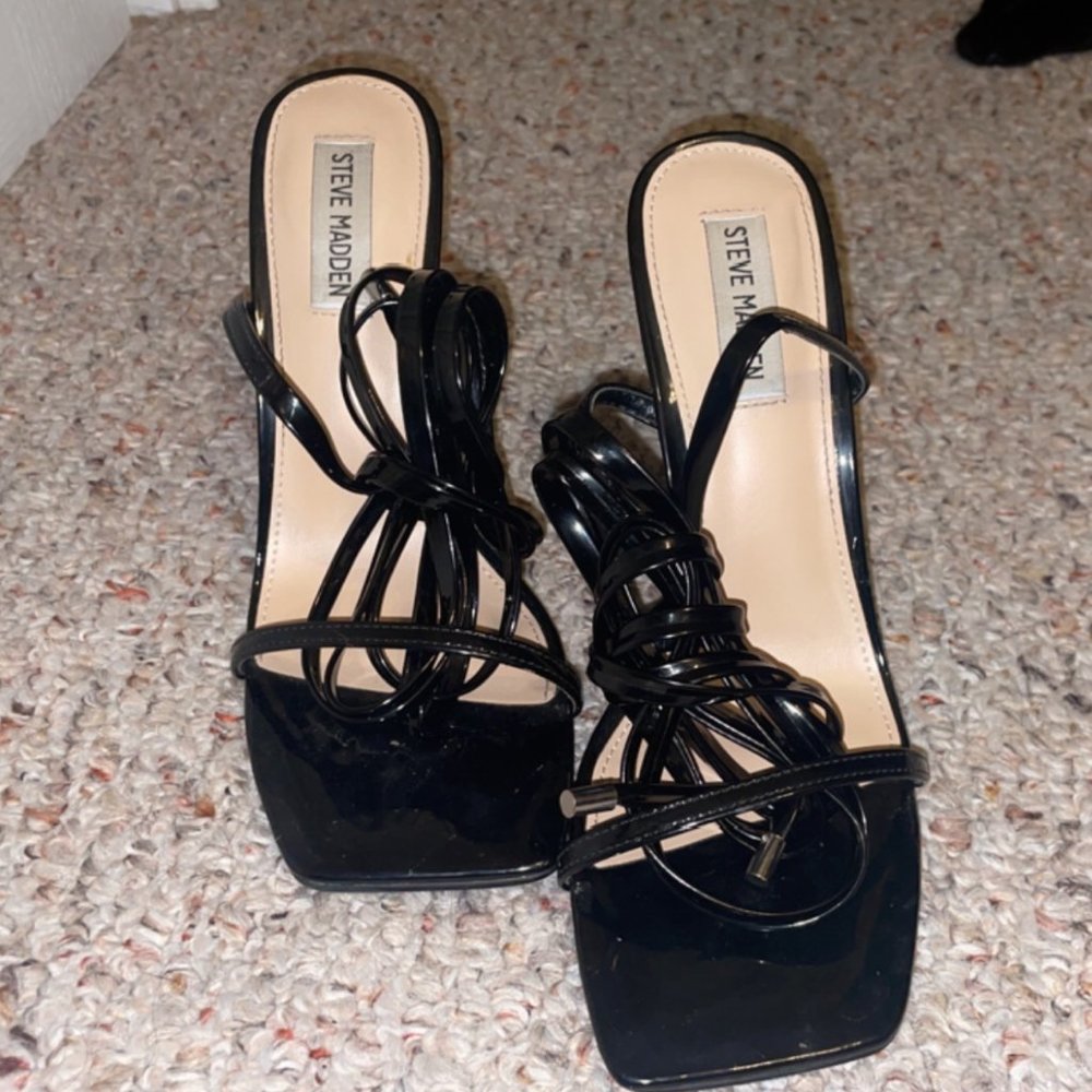 Uplift Black Leather Strappy Heels
